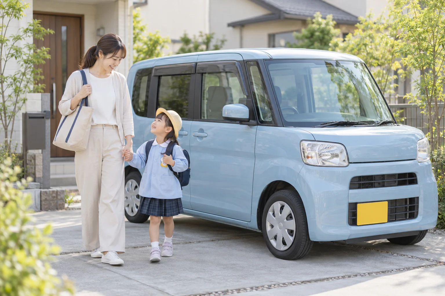 軽自動車のそばで手をつなぎ、朝の出発に備える親子のイメージ